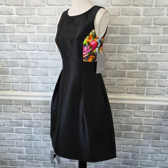 Theia Couture Black Taffeta Dress Fit Flare Floral Elegant Party LBD 6 NEW $450 - Picture 2 of 10